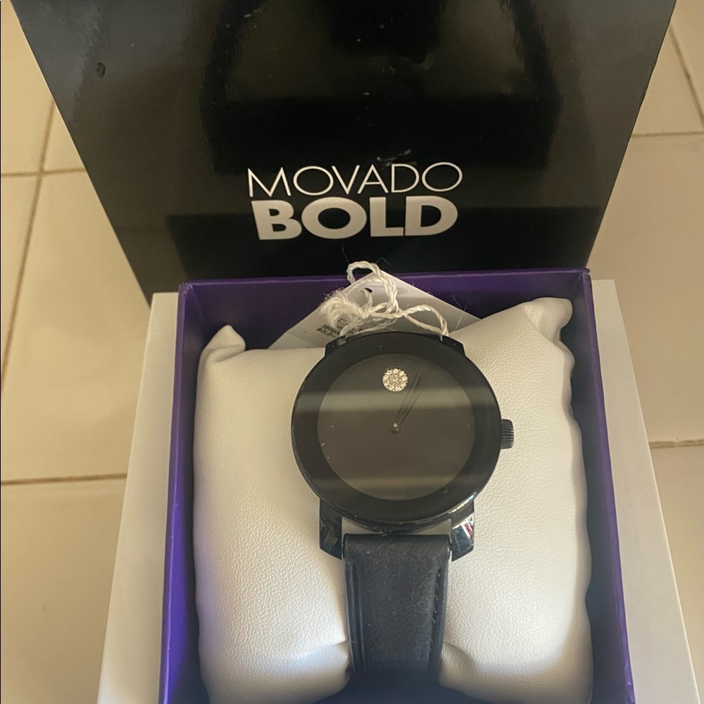 Brand New MOVADO BOLD Black Genuine Leather Women’s Watch